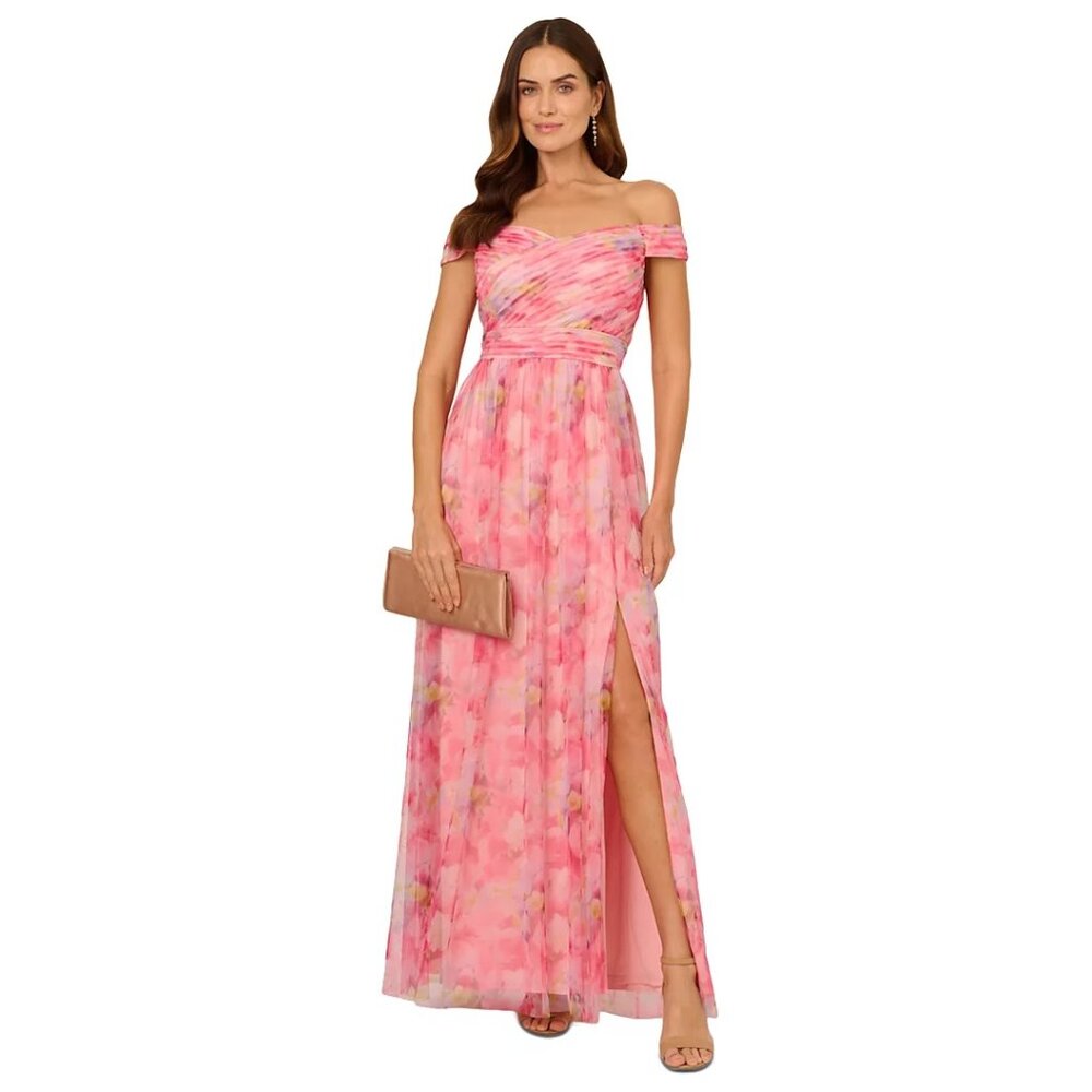 Adrianna Papell Women's Floral-Print Off-The-Shoulder Gown Pink Multi Size 14
